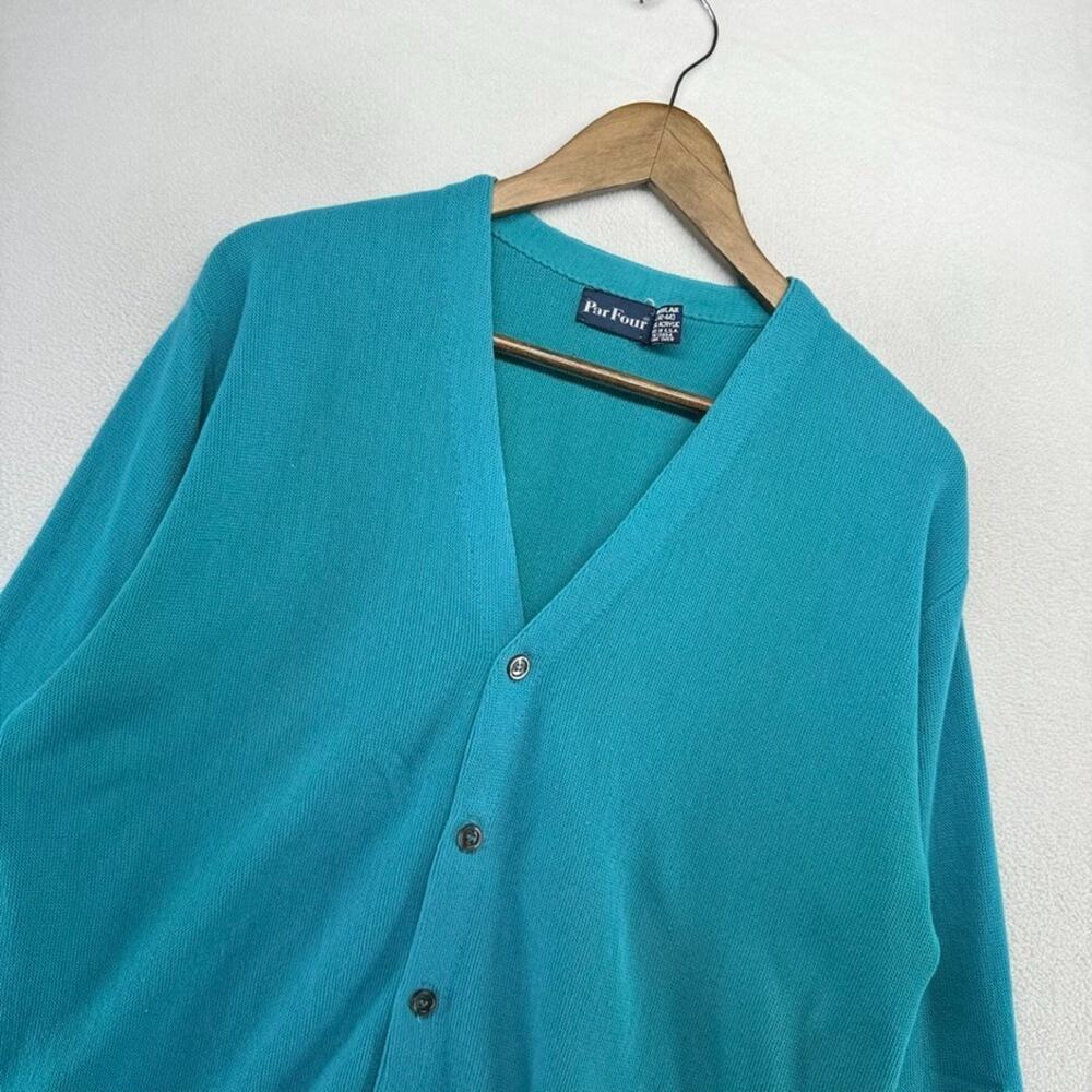 Vintage Par Four Cardigan Sweater Mens Large Blue USA Made Grandpa Knit Golf 90s